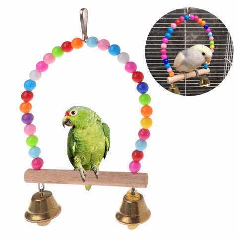 Natural Wooden Parrots Swing With Colorful Beads Bells